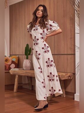Free People cactus flower white embroidered maxi dress